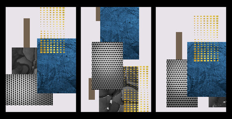 3d render abstract modern poster decor. golden shapes, blue, black and silver shapes on gray background