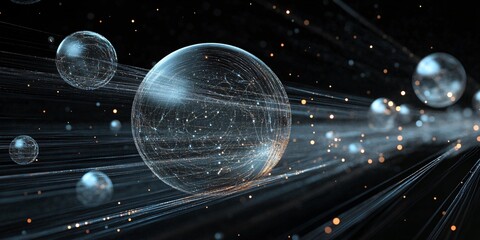 Abstract glowing sphere in a futuristic, technological setting with light trails and bokeh.