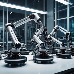 A group of robotic arms working in unison in a futuristic laboratory, performing complex molecular experiments, detailed,, Generative AI