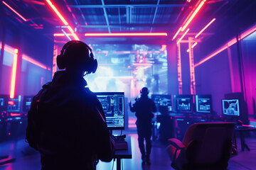 Cybersecurity experts analyze data on screens in neon-lit room for digital safety.