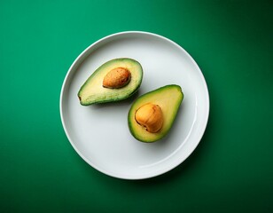 fresh cut of avocados in white plate at green background