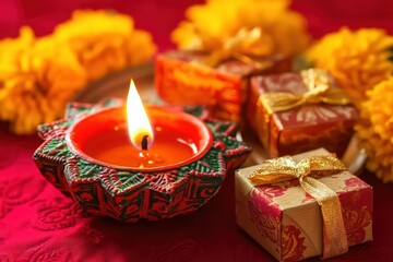 Create a vibrant, festive Diwali setting featuring a traditional lit diya with intricate red and green designs on a bright red background. 