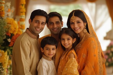 a family of 5 people, man women young boy and young girl, standing close together inside a house with flowers and Indian décor