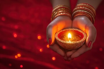 Diwali celebration in hands of women with beautiful bangles and rakhi holding oil lamp glowing with golden light on red background