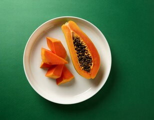 fresh cut of papaya in white plate at green background