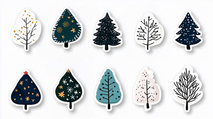 Wall Mural - Set of New Year's doodle stickers with different trees