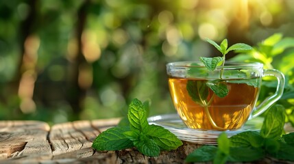 Fresh mint leaves wave softly in the breeze with delicious mint tea