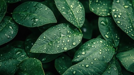 Leinwandbilder - Lush green leaves gleam with fresh water droplets, showcasing nature's refreshing beauty and vibrant life in a serene outdoor setting. Generative AI