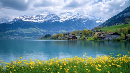 Sticker - Bright yellow flowers flourish by the lake, with majestic snow-capped mountains and charming homes in the picturesque Swiss countryside. Generative AI