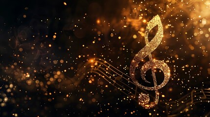 Wall Mural - Golden glittering musical note against a black backdrop