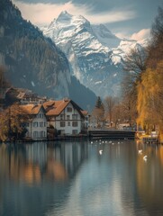 Sticker - A peaceful spring landscape showcases a tranquil lake reflecting snow-capped mountains, with charming houses and graceful swans nearby. Generative AI