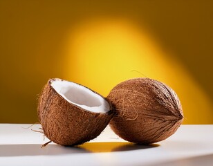 coconut in white table at yellow background