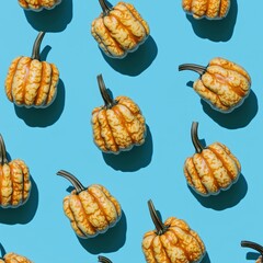 Vibrant autumn squash pattern on bright blue background