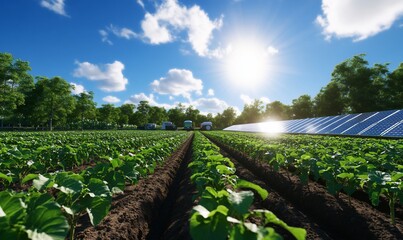 Lush green farm fields under a bright sun with solar panels.