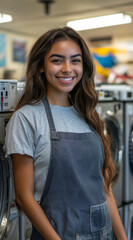 young female working in laundromat with apron on and happily 