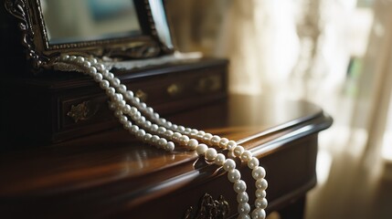 A close-up of a pearl necklace draped over a vintage vanity, evoking timeless elegance.