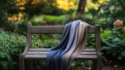 Cozy Blanket Draped on Garden Bench in Soft Light