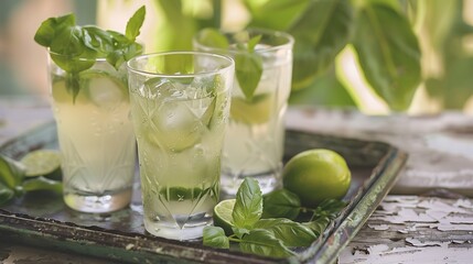 Inspiring lime soda with basil on an old tray that displays natural aspects