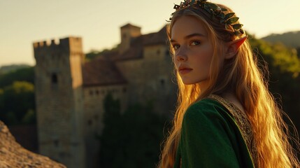 A young elf in a green dress stands near a castle at sunset.