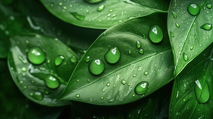 Wall Mural - Drops of water cling to lush green leaves, showcasing nature's beauty and freshness after a refreshing rain shower in the garden. Generative AI