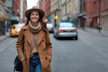 A woman wearing a camel coat and hat smiles while walking down a city street. The background features blurred vehicles, including a yellow taxi, and tall buildings lining the road.