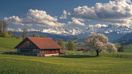 Sticker - Spring brings vibrant colors to the Swiss countryside, featuring blossoming trees and stunning mountain views under a bright sky. Generative AI