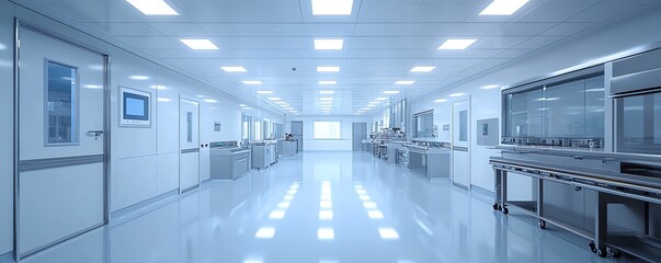 Innovative semiconductor cleanroom design, showing detailed air filtration systems, gleaming stainless steel tools, and a spotless floor in a hightech environment