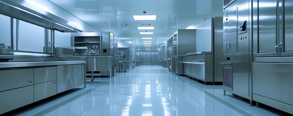 Innovative semiconductor cleanroom design, showing detailed air filtration systems, gleaming stainless steel tools, and a spotless floor in a hightech environment