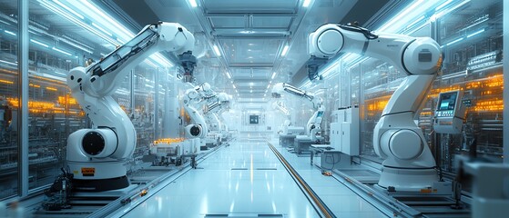 Aufkleber - Advanced semiconductor production cleanroom, featuring robotic arms, precision tools, and sleek glasswalled chambers in a hightech factory setting