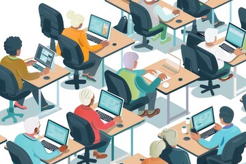 Leinwandbilder - A diverse group of seniors focuses on their laptops and desktop computers during a computer course designed for older adults. Generative AI