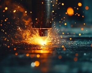 Detailed shot of welding equipment in action, showcasing the intense heat and bright arc illuminating the workspace during a welding operation