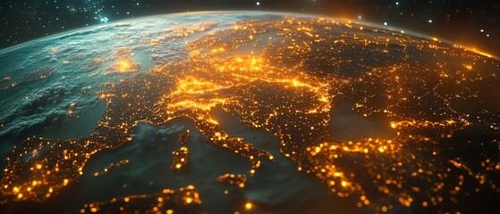 Leinwandbilder - Dynamic visualization of a global radio network, featuring a 3D map of Earth illuminated with communication pathways and satellite connections