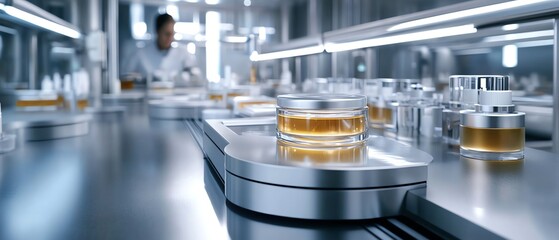 Aufkleber - Dynamic shot of a modern face cream production facility, showing workers overseeing the process of filling and labeling jars, surrounded by sleek technology