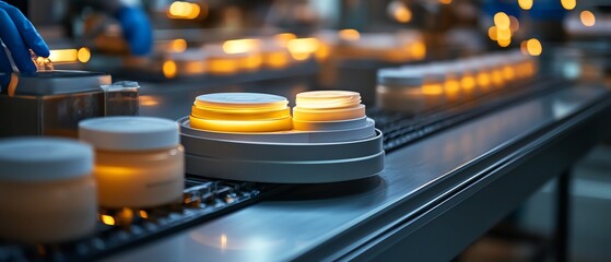 Aufkleber - Dynamic shot of a modern face cream production facility, showing workers overseeing the process of filling and labeling jars, surrounded by sleek technology