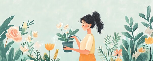 Simple illustration of a woman watering plants, pastel hues, with the affirmation Bloom with Purpose in a calm, modern font