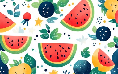 Cute cartoonstyle patterns featuring Korean watermelon graphics, blending fun shapes and lively colors to create a delightful summer vibe