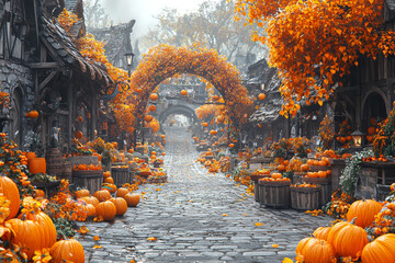 Wall Mural - An autumn festival in a small town, with locals celebrating the changing of the seasons through food and festivities. Concept of community spirit.