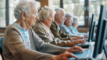 Leinwandbilder - A group of elderly participants is focused on learning computer skills, using laptops and desktops in a community setting. Generative AI