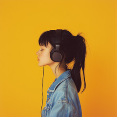 Realistic photo of a young girl wearing headphones and listening to music against a yellow background