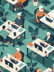 Leinwandbilder - A diverse group of elderly learners works on laptops and desktops in a community center, focusing on improving their computer skills. Generative AI
