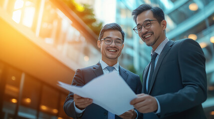 A businessman was holding a file and talking to his client in his office