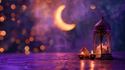 Wall Mural - ramadan kareem with a purple backdrop and an orange crescent moon for festival mubarak