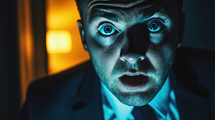 A close-up of the surprised face and wide eyes of an office worker in dark business attire