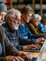 Leinwandbilder - A group of elderly people focuses intently on their laptops during a computer course in a community center classroom. Generative AI
