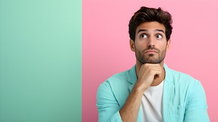 Thoughtful young man pondering against a colorful backdrop