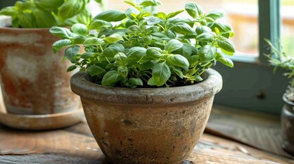 Poster - Fresh Basil Plant in Rustic Pot by Window