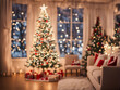 © Nyetock - Beautiful holiday decorated room with Christmas tree and bright lights , out of focus shot for photo background. Blur christmas background.