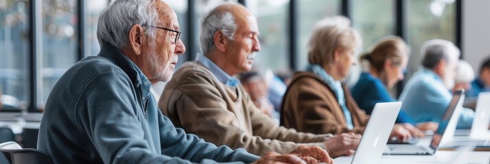 Leinwandbilder - A group of elderly people is engaged in a computer course, enhancing their digital skills on laptops and desktop computers. Generative AI