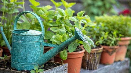 Poster - Vintage Watering Can in Lush Green Garden Setting