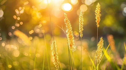 Poster - Glowing Grass Under Warm Light at Sunset